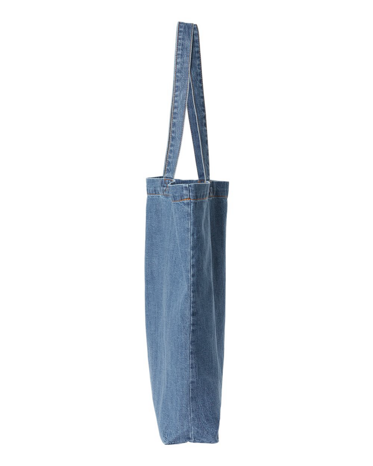 Side view of the denim tote bag showing the 3 inch gusset and denim handles