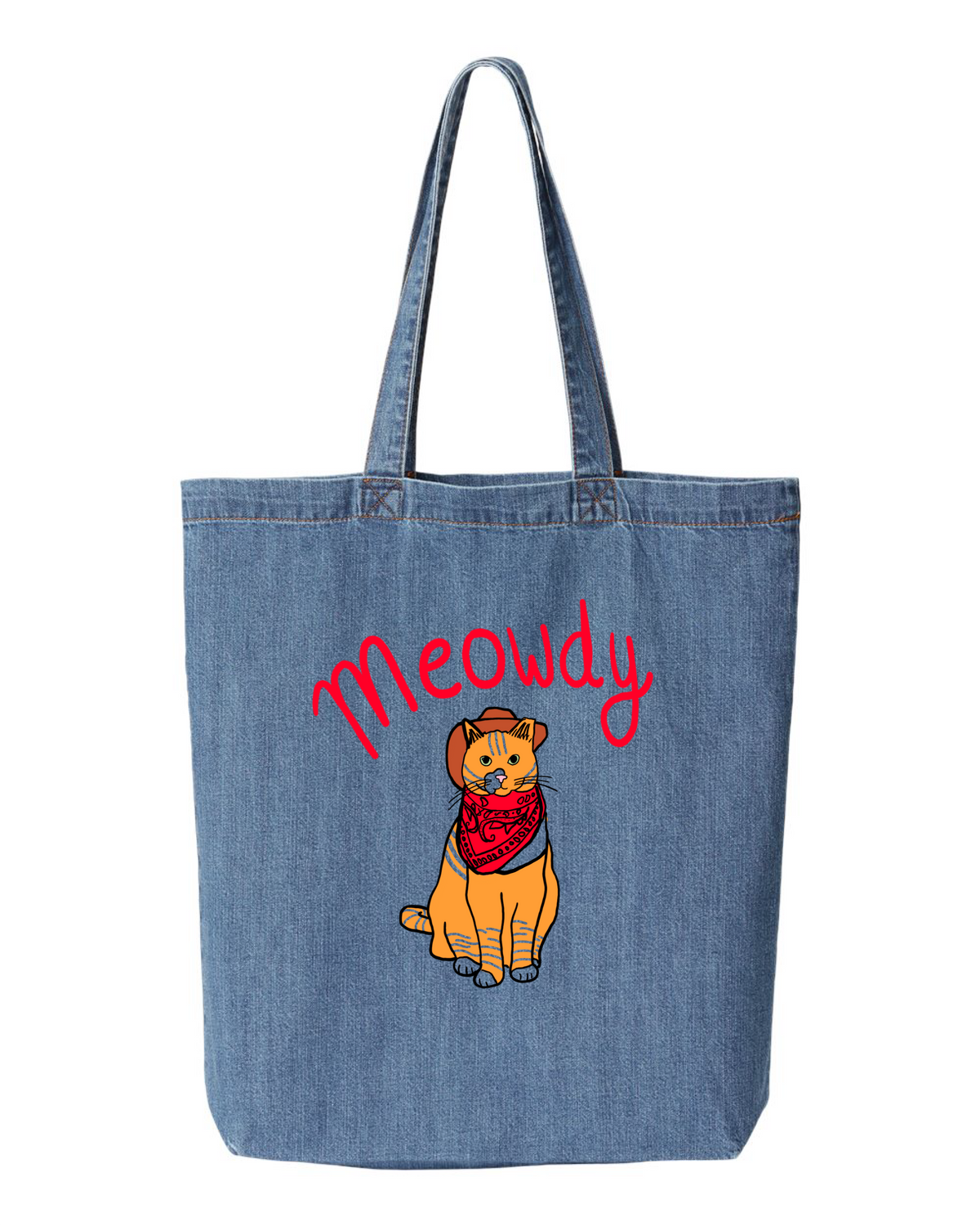 Denim tote bag printed with an orange cat in a cowboy hat and red bandana, under the word meowdy
