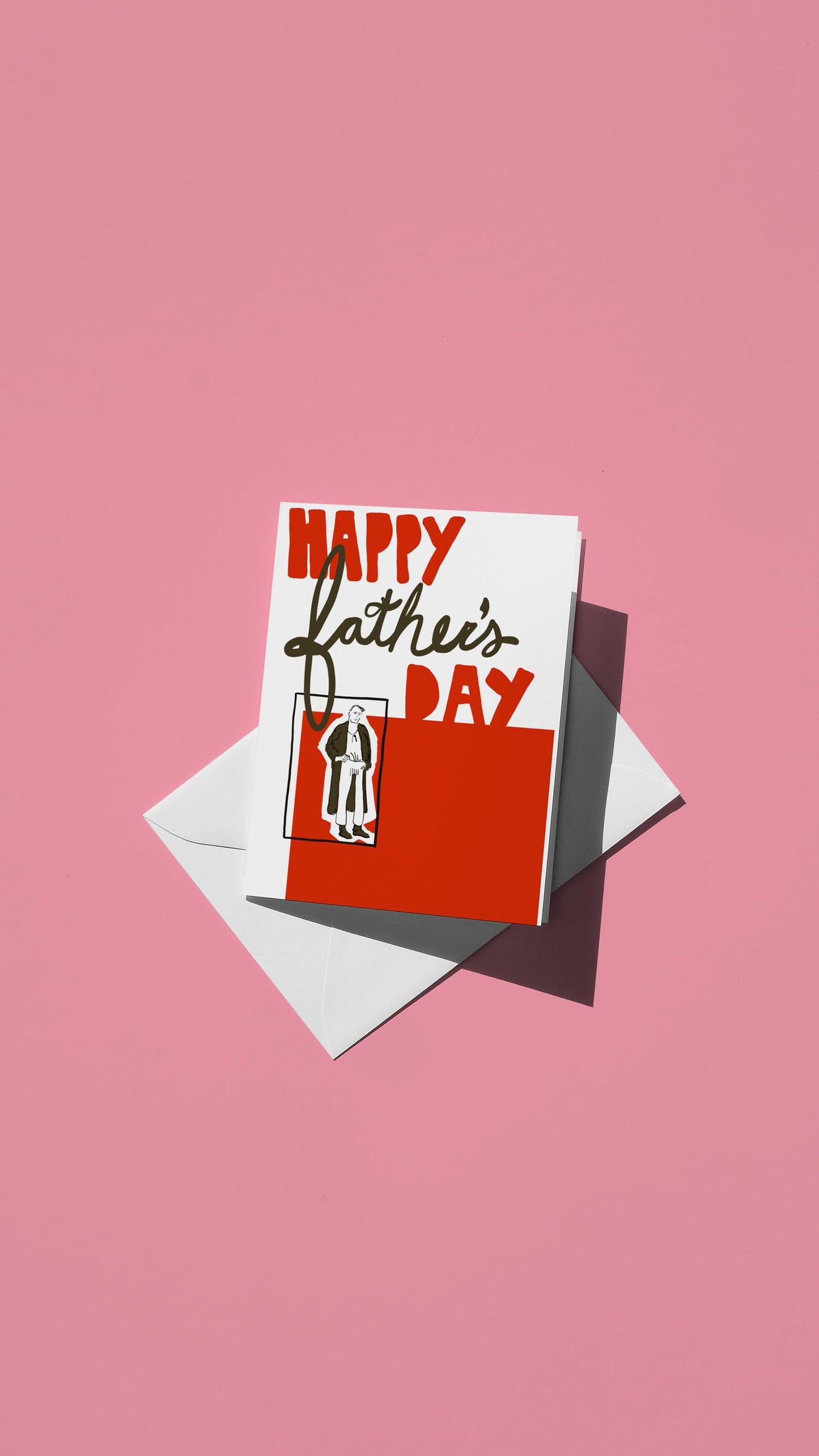 Hand-drawn illustration of a man on a geometric red and white background with the message "HAPPY FATHER'S DAY"
