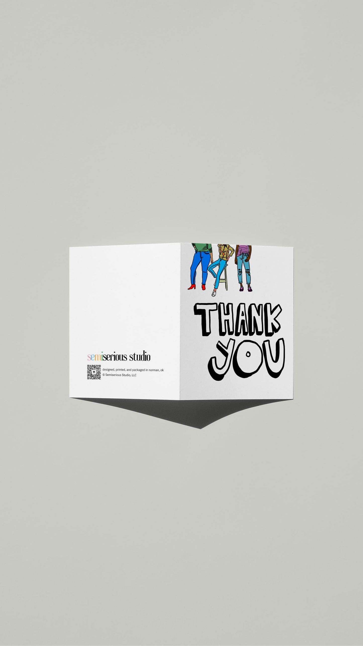 Bubble Letters Thank You card standing open, showing the front artwork and the Semiserious Studio logo on the back