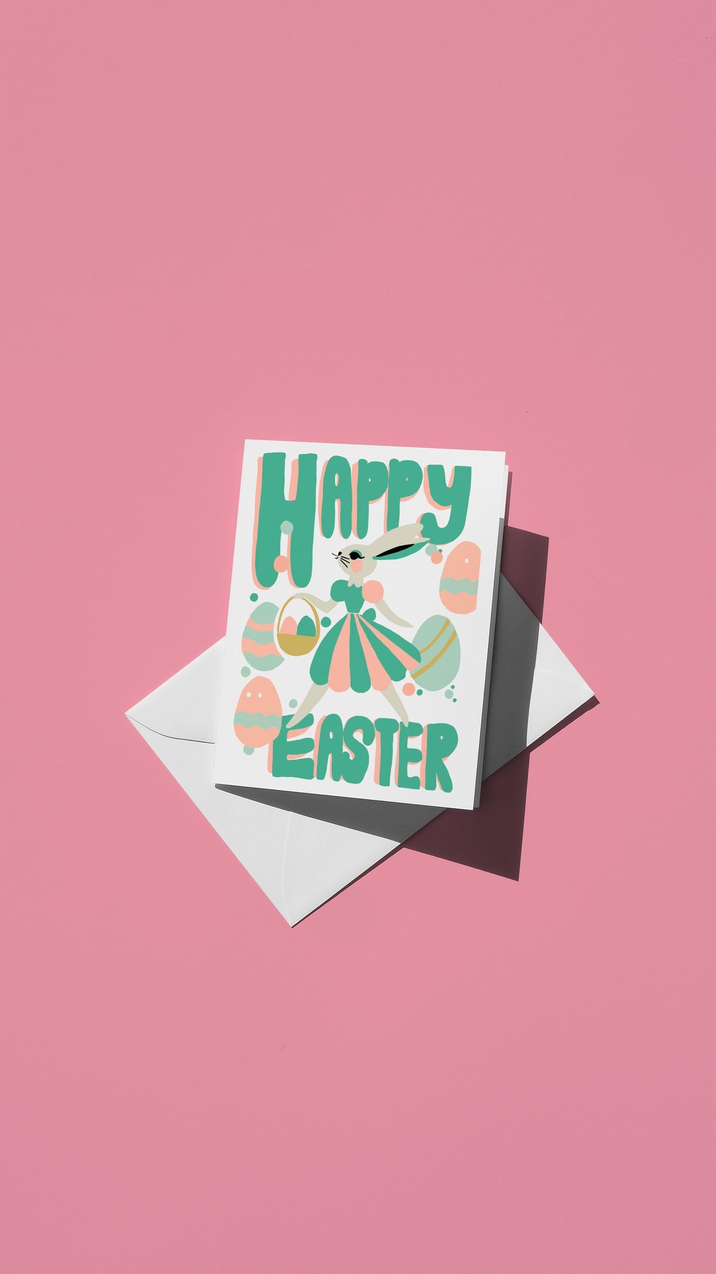 Hand-drawn illustration of the Easter Bunny in a pastel dress, carrying an easter basket, and surrounded by easter eggs with