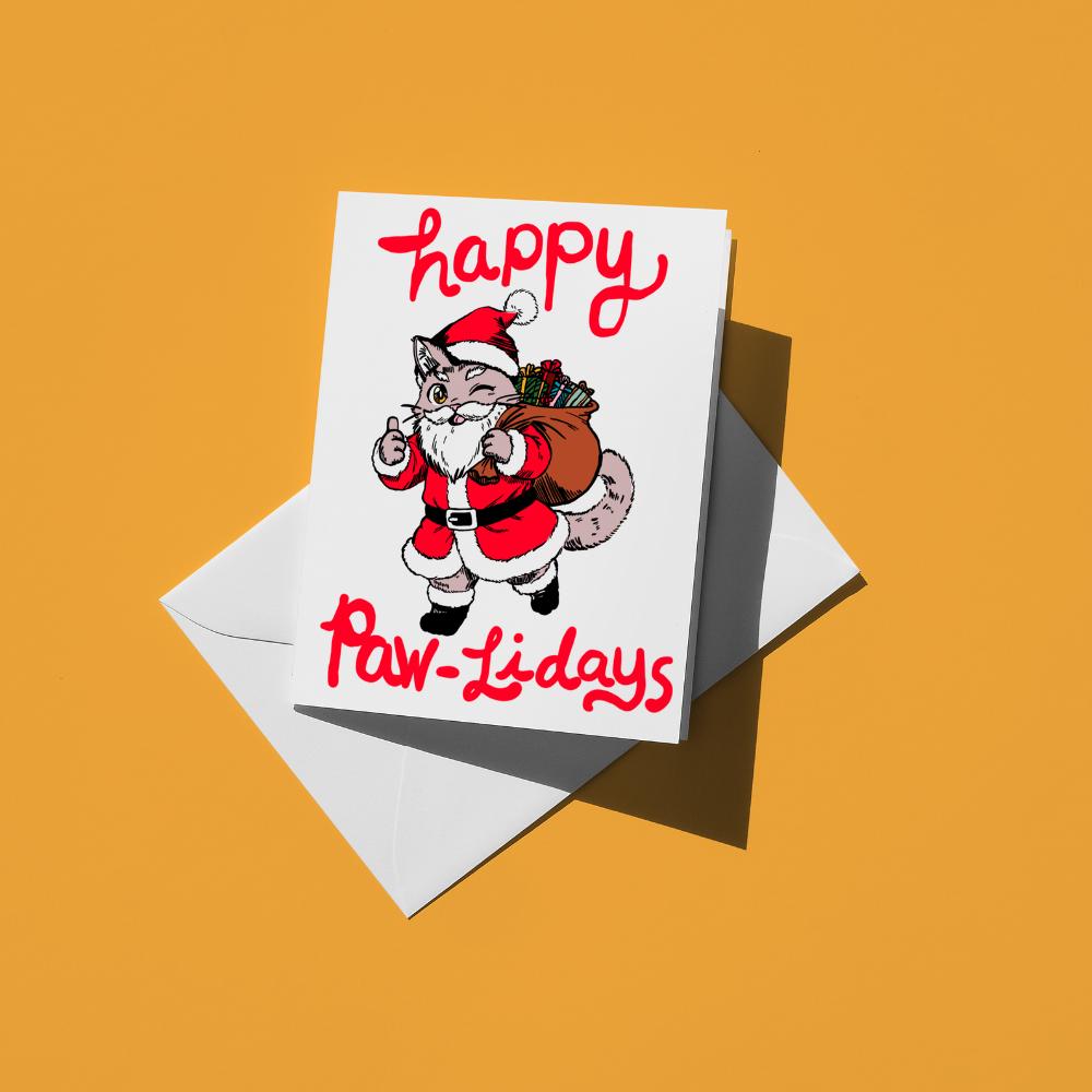 Cat dressed as Santa carrying a sack, with red text reading "happy paw-lidays"