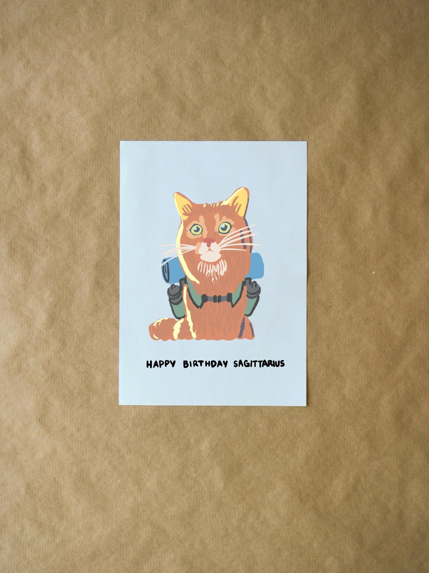 Sagittarius Birthday Card - Cute Somali Cat Hiking Illustration, Funny Zodiac Card for Cat Lovers, Perfect Gift for Astrology Fans