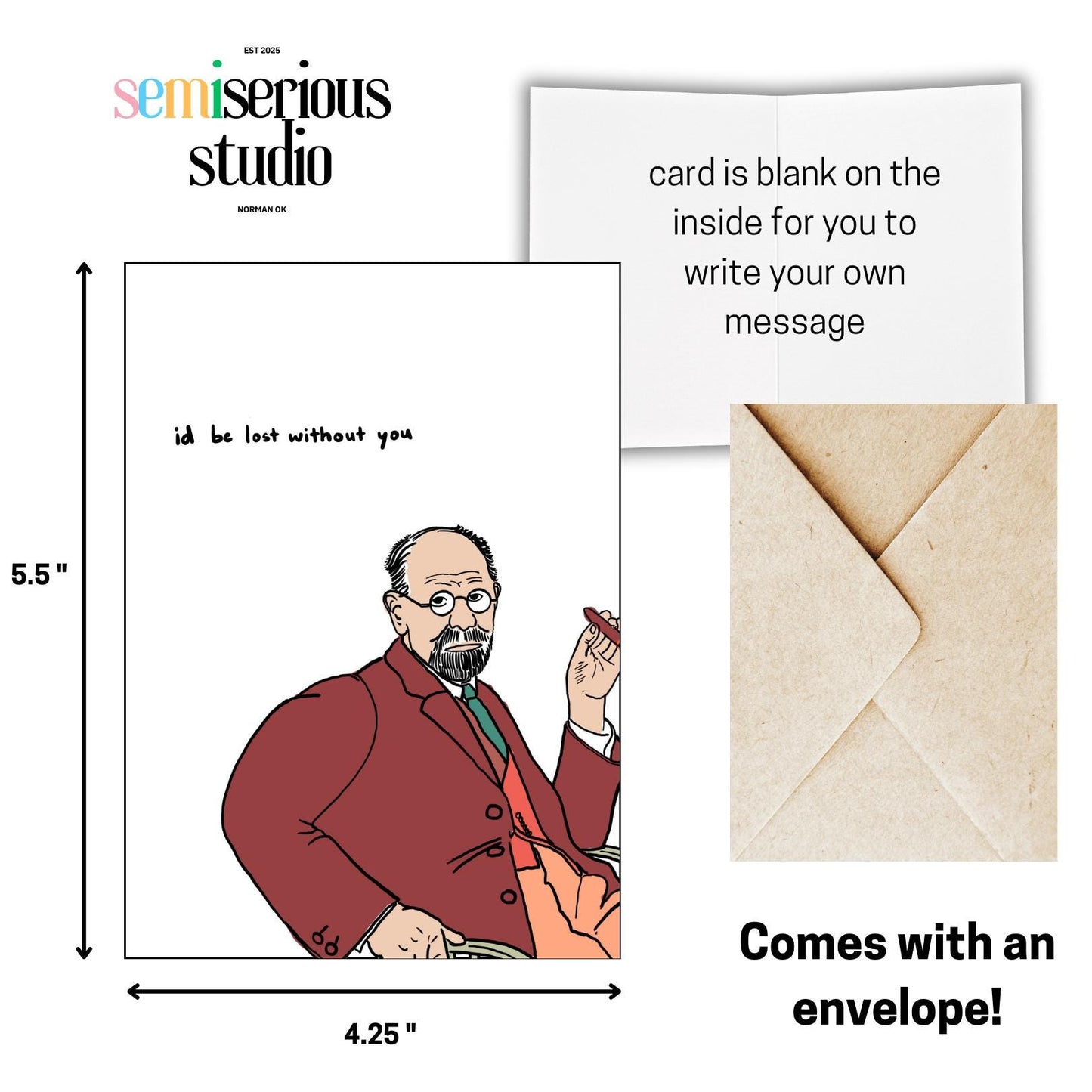 Id Be Lost Without You Freud Valentine's Day Card, Unique Sigmund Freud Pun for Couples and Friends, Sweet Note Gift