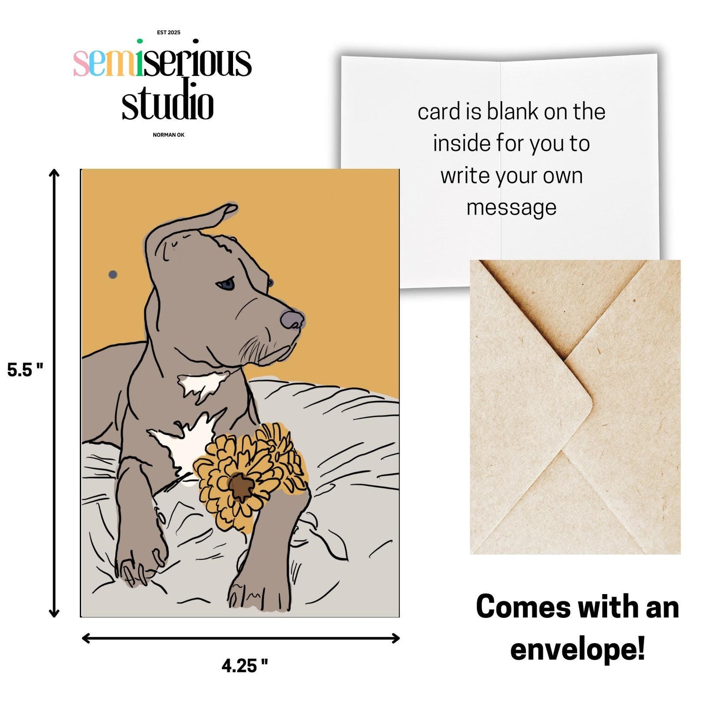Dog with Flowers Greeting Card - Cute Art Card for Dog Lovers and Unique Just Because Gift for Friends, Family, Dog Moms, and Dog Dads