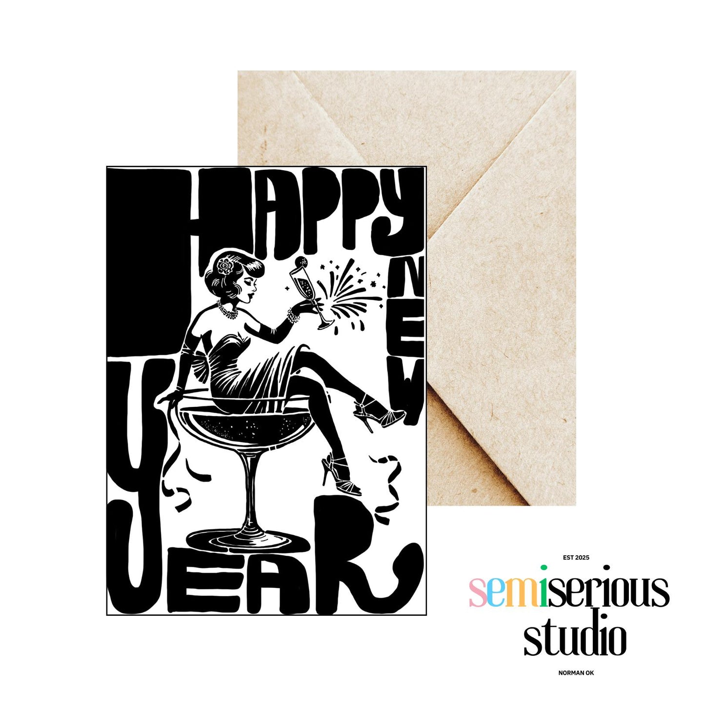 Happy New Year Card | Classic Black & White Woman Cheers with Champagne | Festive Celebration Greeting Card
