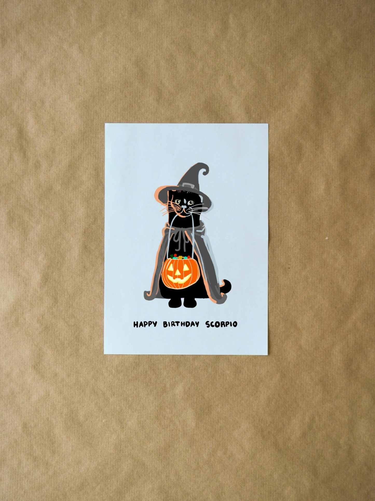 Scorpio Birthday Card: Cute Funny Zodiac Card with Black Tabby in Witch Costume for Cat Lovers, Halloween Greeting Card