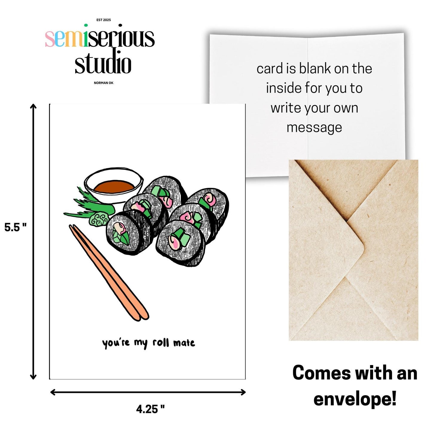 You're My Roll Mate - Funny Sushi Valentine's Day Holiday Card for Couples and Friends, Punny Romantic Greeting Card