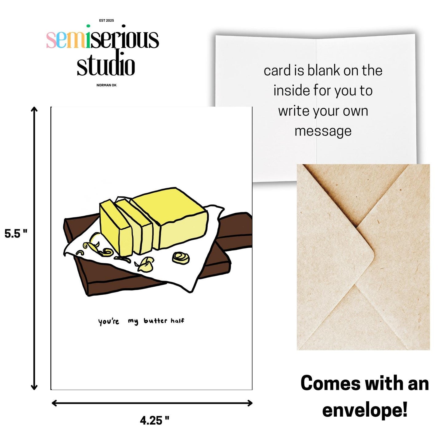 You're My Butter Half Valentine's Card - Funny Relationship Pun & Cheesy Joke for Valentine's Day, Cute Whimsical Greeting Card