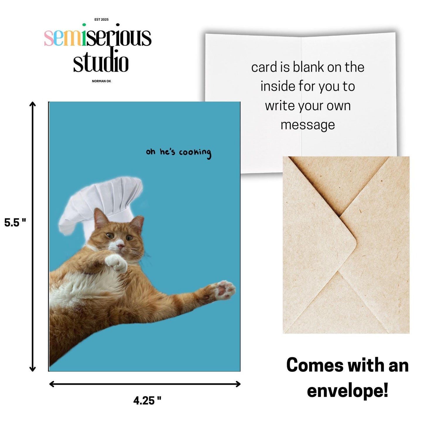 Oh He's Cooking - Funny Cat Chef Card for Cat Lovers and Kids, Cute Gift for Gen Z, Unique Greeting Card for Friends