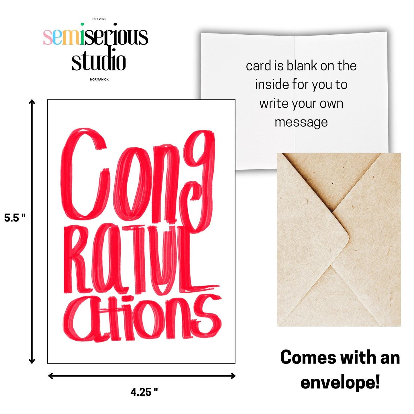 Congratulations Card - Simple Red Text Greeting Card, Perfect for Celebrations & Special Occasions, Handmade Greeting Card