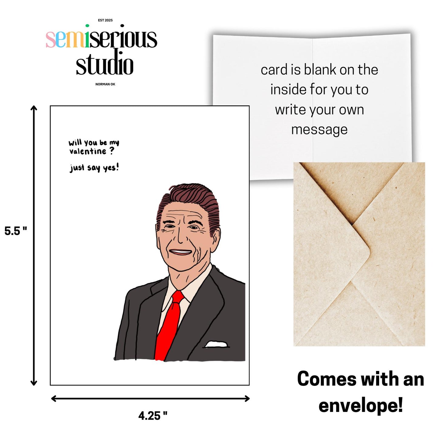 Ronald Reagan Valentine's Day Card, Unique Greeting Card for Him, Her, and Couples,