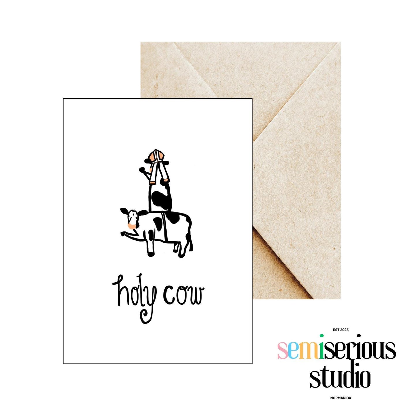 Holy Cow Greeting Card | Funny Pope Card, Cute Art Card & Unique Just Because Gift for Friends, Family