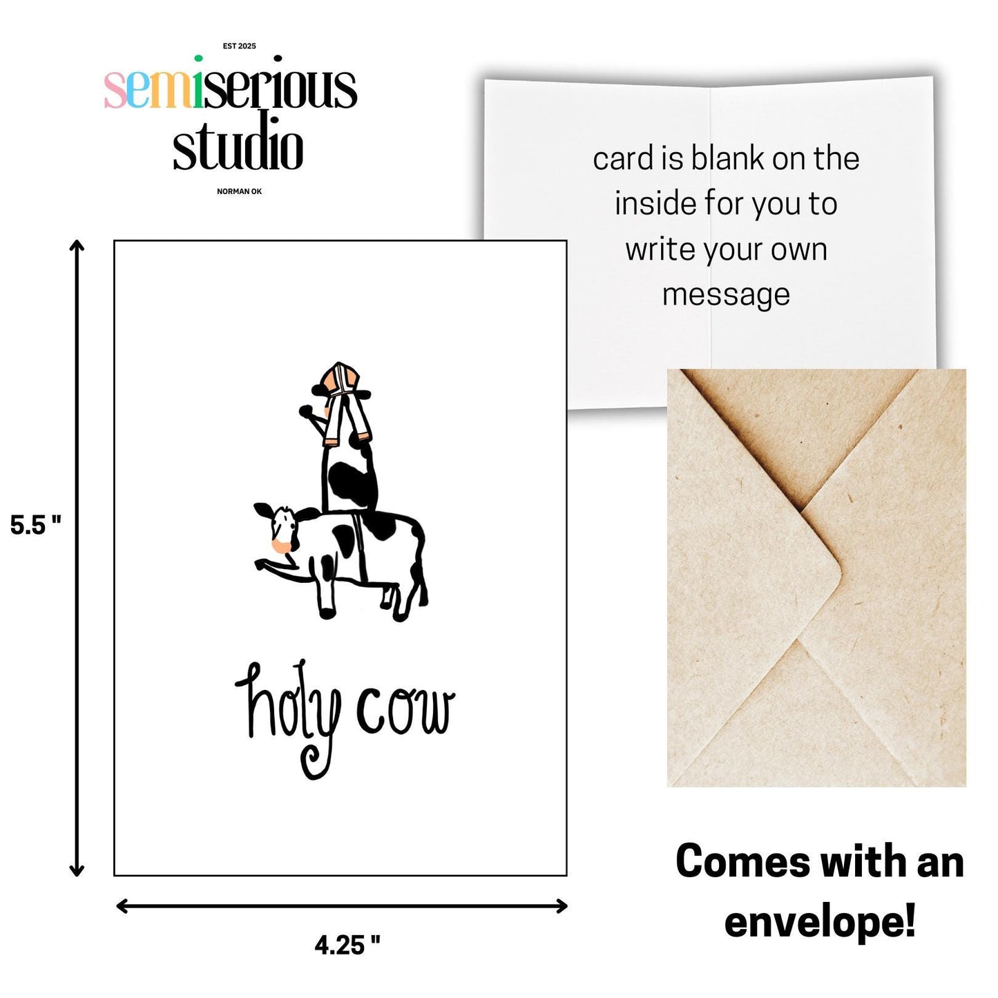 Holy Cow Greeting Card | Funny Pope Card, Cute Art Card & Unique Just Because Gift for Friends, Family