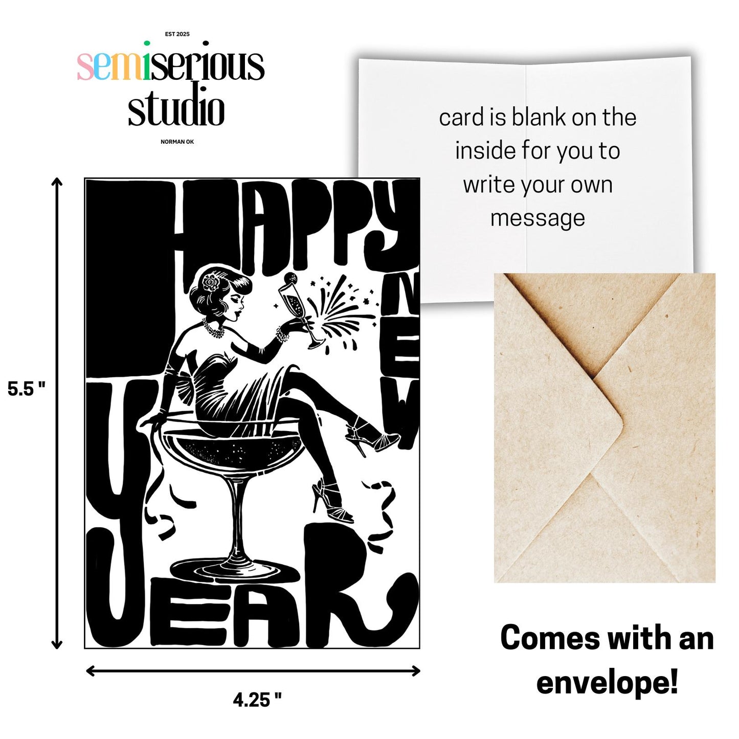 Happy New Year Card | Classic Black & White Woman Cheers with Champagne | Festive Celebration Greeting Card