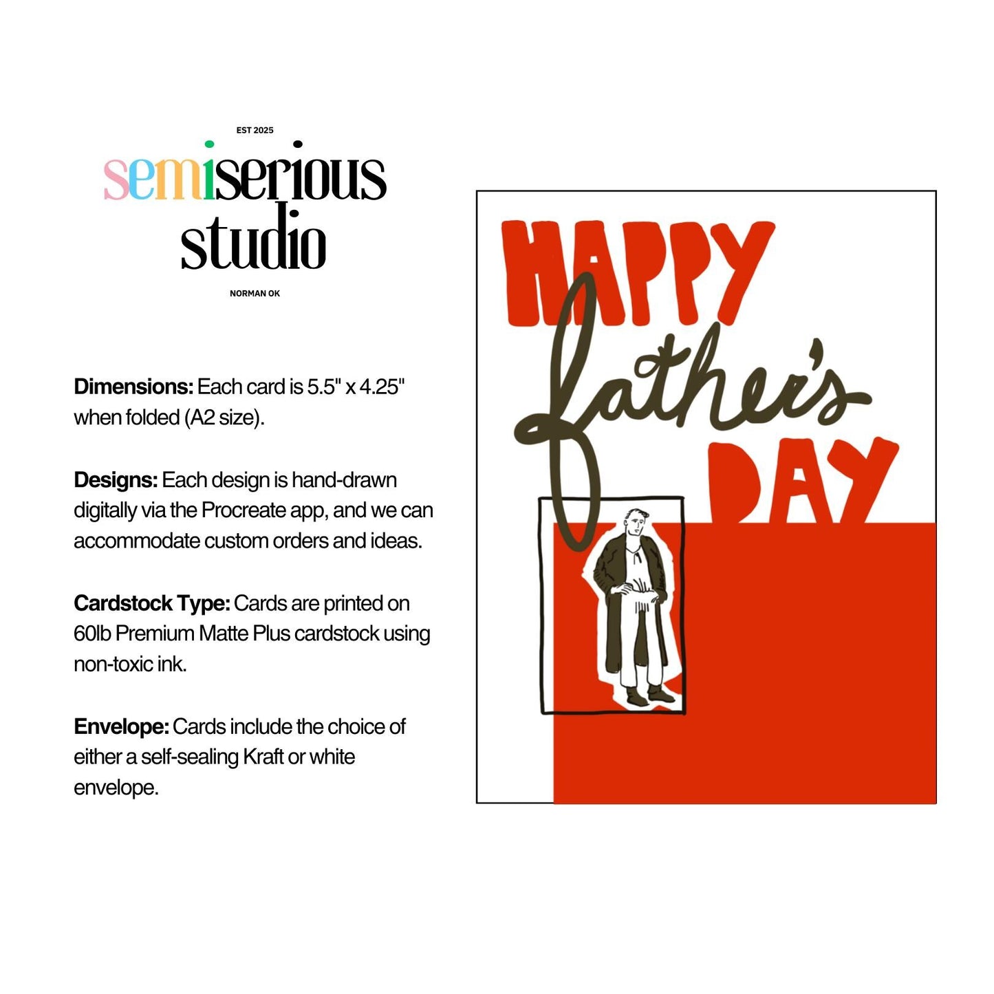 Happy Father's Day Card | Bright Red Colorful Design Greeting Card for Dad | Cute Classic Holiday Greeting Card