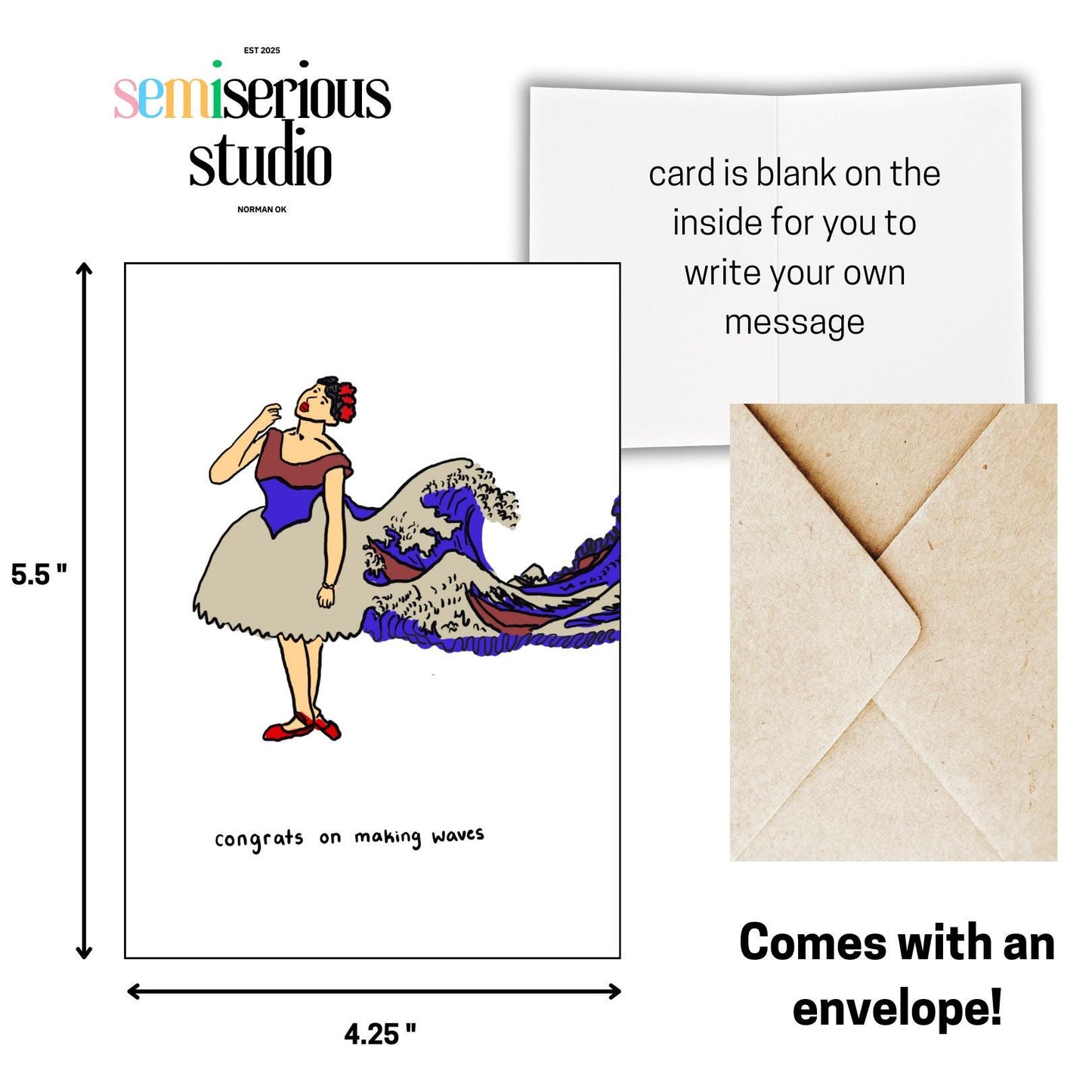 Congrats on Making Waves | Colorful Job Promotion Greeting Card for Friends & Family, Success Card, Great Wave Ballerina Design