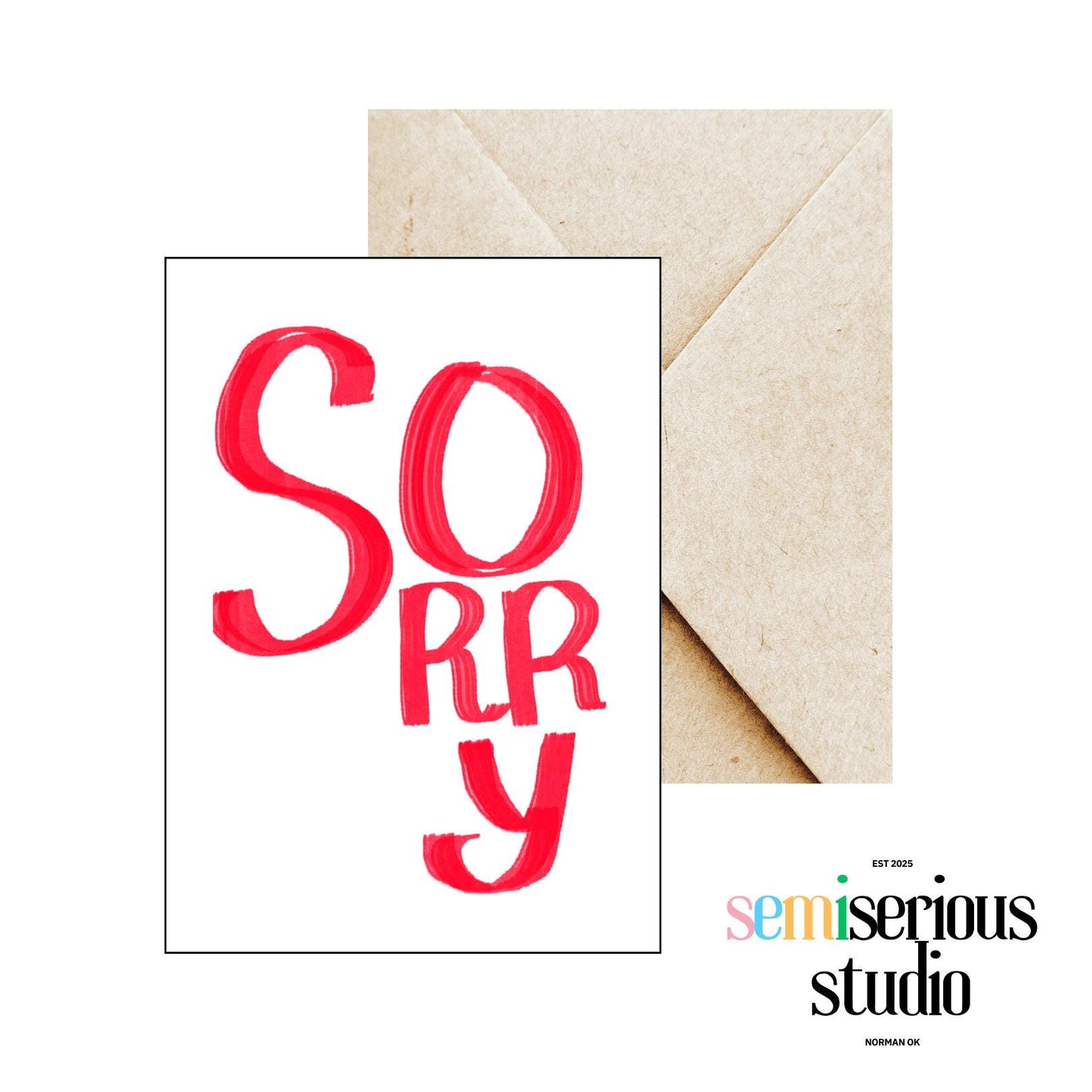 Sorry Apology Card, Simple Red Text Greeting Card, Thoughtful Sorry Note, Blank Inside for Your Message, Unique Sorry Card