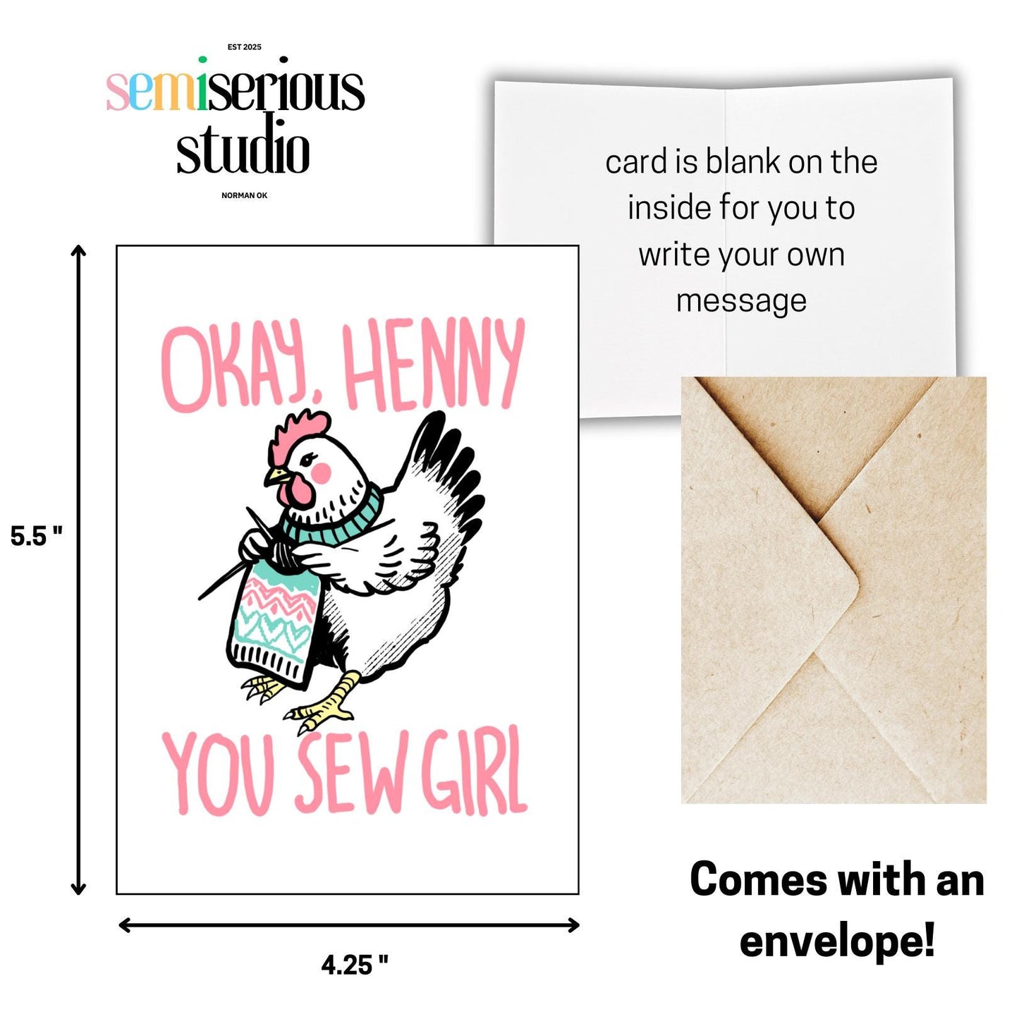Okay Henny, You Sew Girl | Greeting Card - Cute Art Card and Unique Just Because Gift for Friends, Family, and Loved Ones