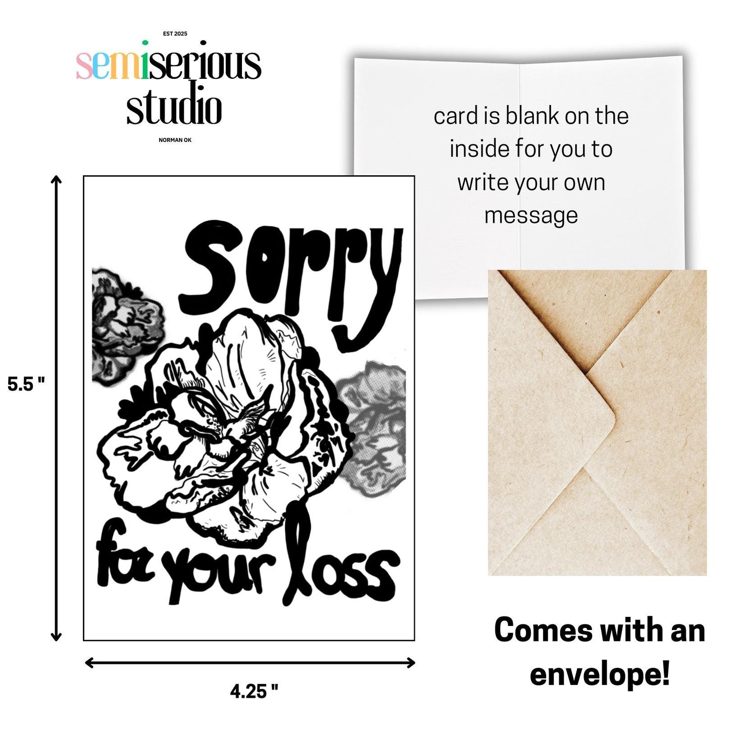 Simple Black and White Sorry For Your Loss Flower Sketch | Greeting Card for Grieving Loved Ones