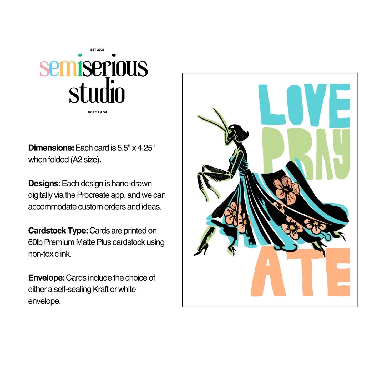 Love Pray Ate Praying Mantis | Cute Funny Greeting Card for Friends & Family, Unique Just Because Gift