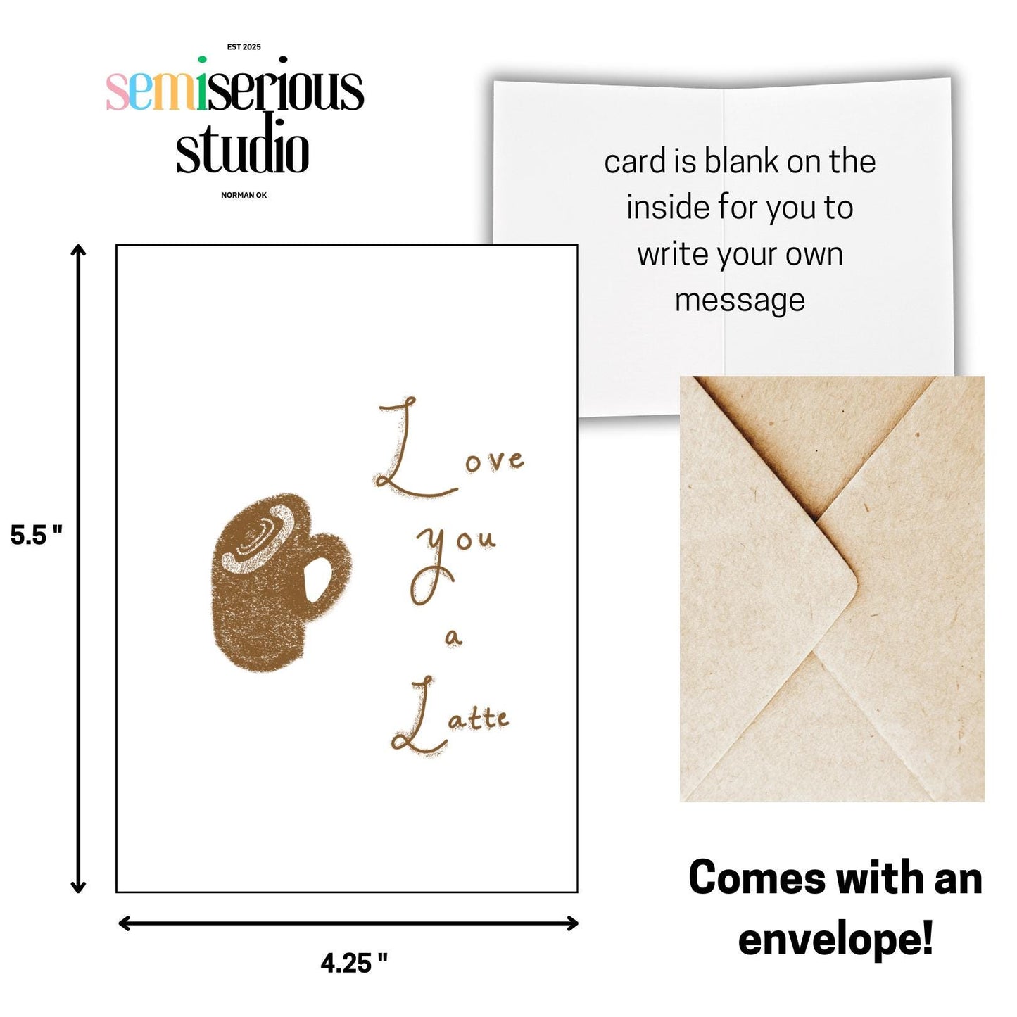 Love You a Latte Valentine's Day Card, Funny Pun, Cheesy Coffee Joke, Cute Hand-drawn Holiday Greeting Card for Sweethearts, Friends, Family