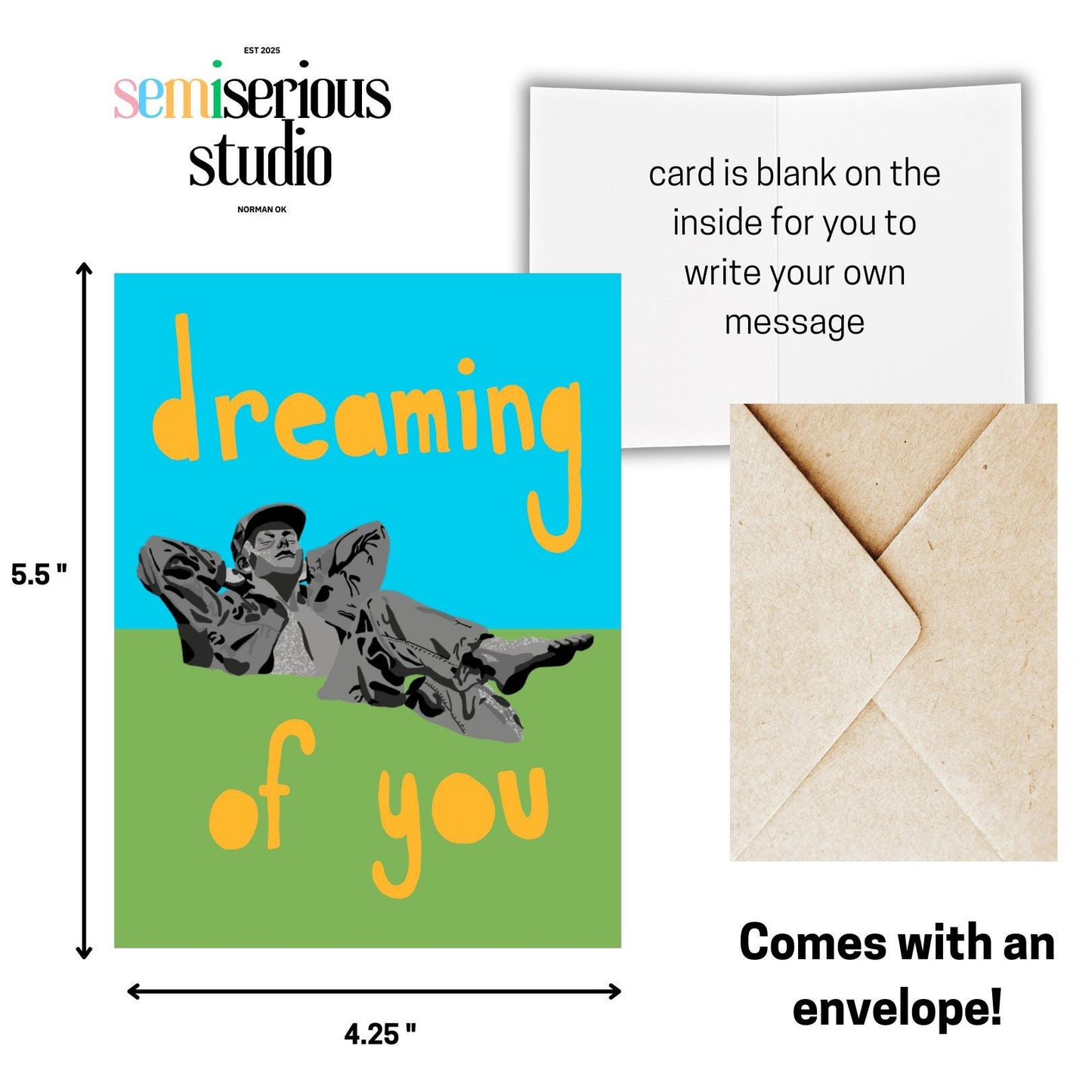 Dreaming of You Pastoral Dreamer Valentine's Day Card, OU Nostalgia, Colorful Oklahoma Art for Lovers & Couples, Fun Sweet Note