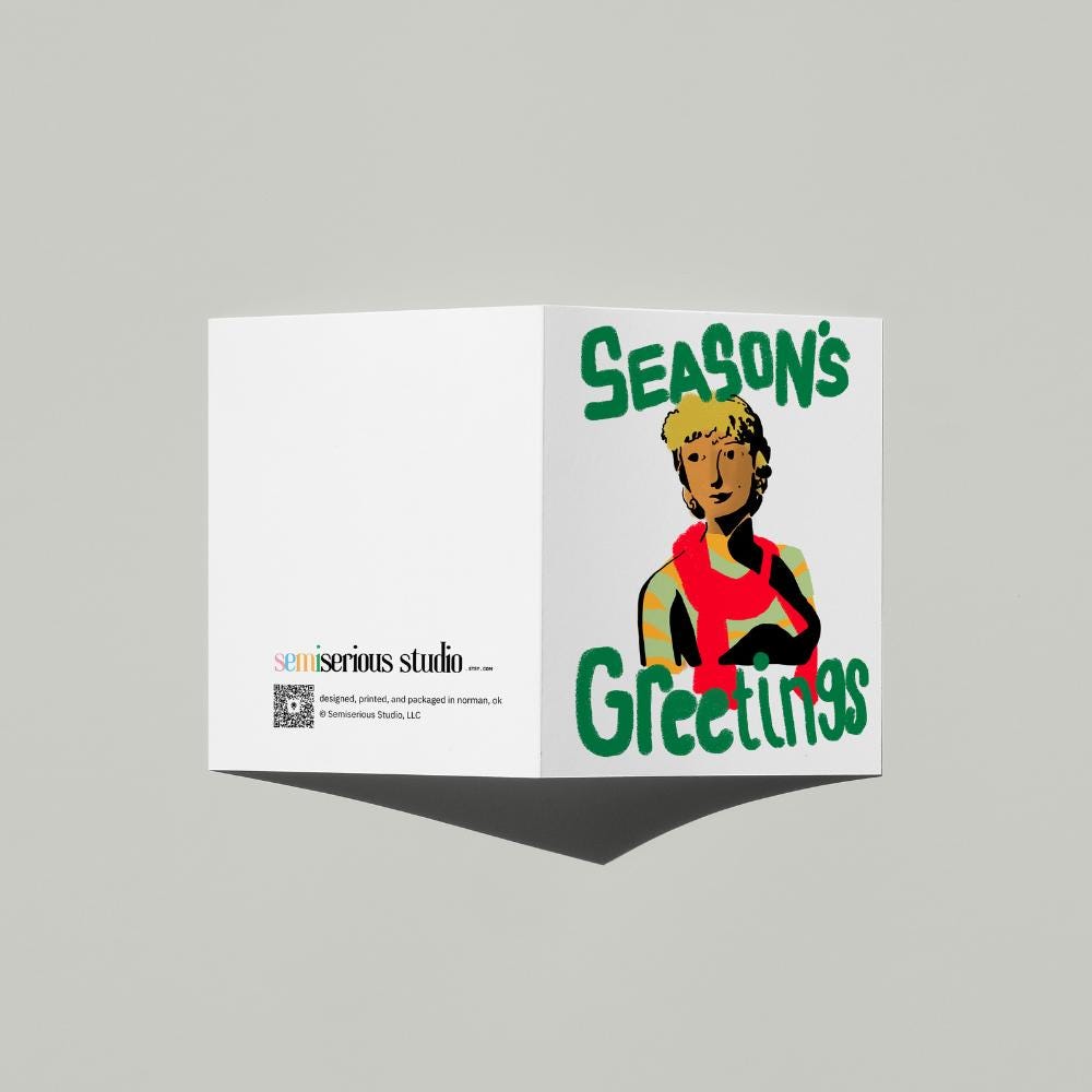 Season's Greetings Holiday card standing open, showing the front artwork and the Semiserious Studio logo on the back