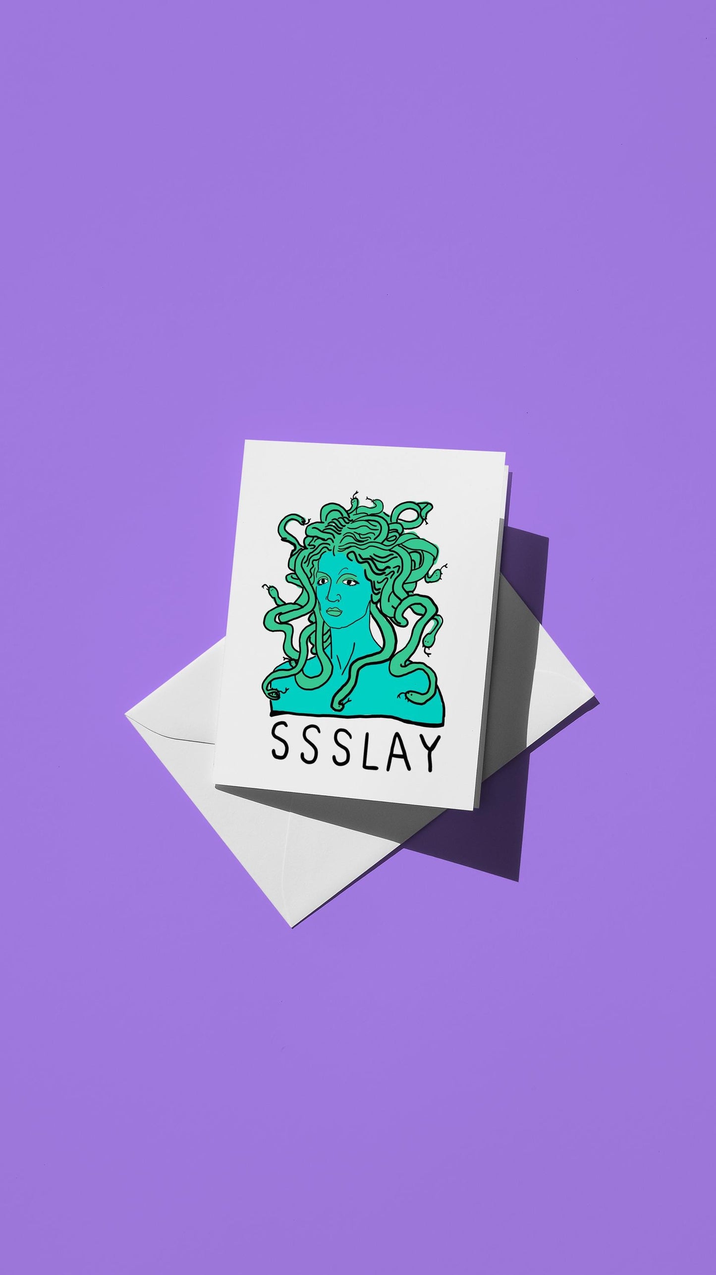 Hand-drawn illustration of Medusa with the message "SSSLAY"