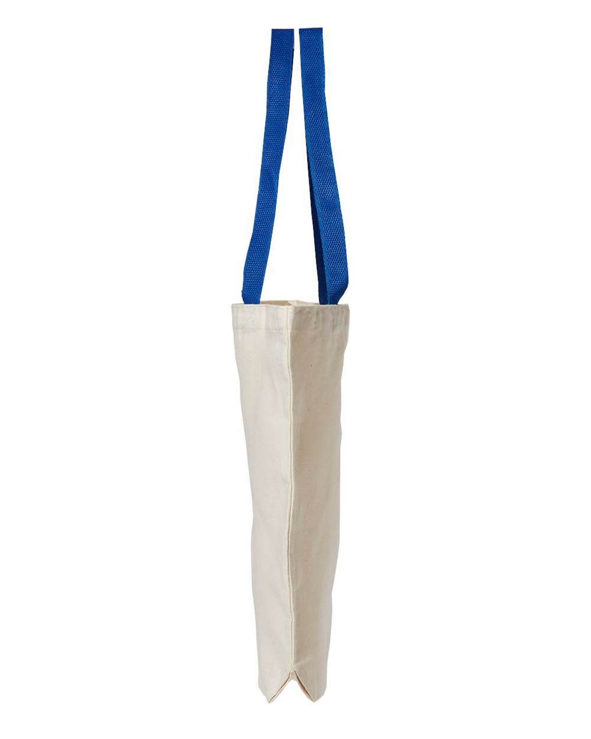 Side view of the natural canvas tote bag with blue handles, showing the 3 inch gusset