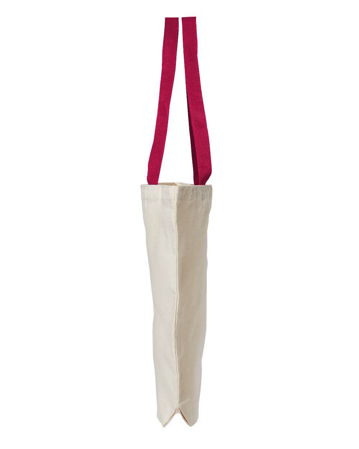 Side view of the natural canvas tote bag with red handles, showing the 3 inch gusset
