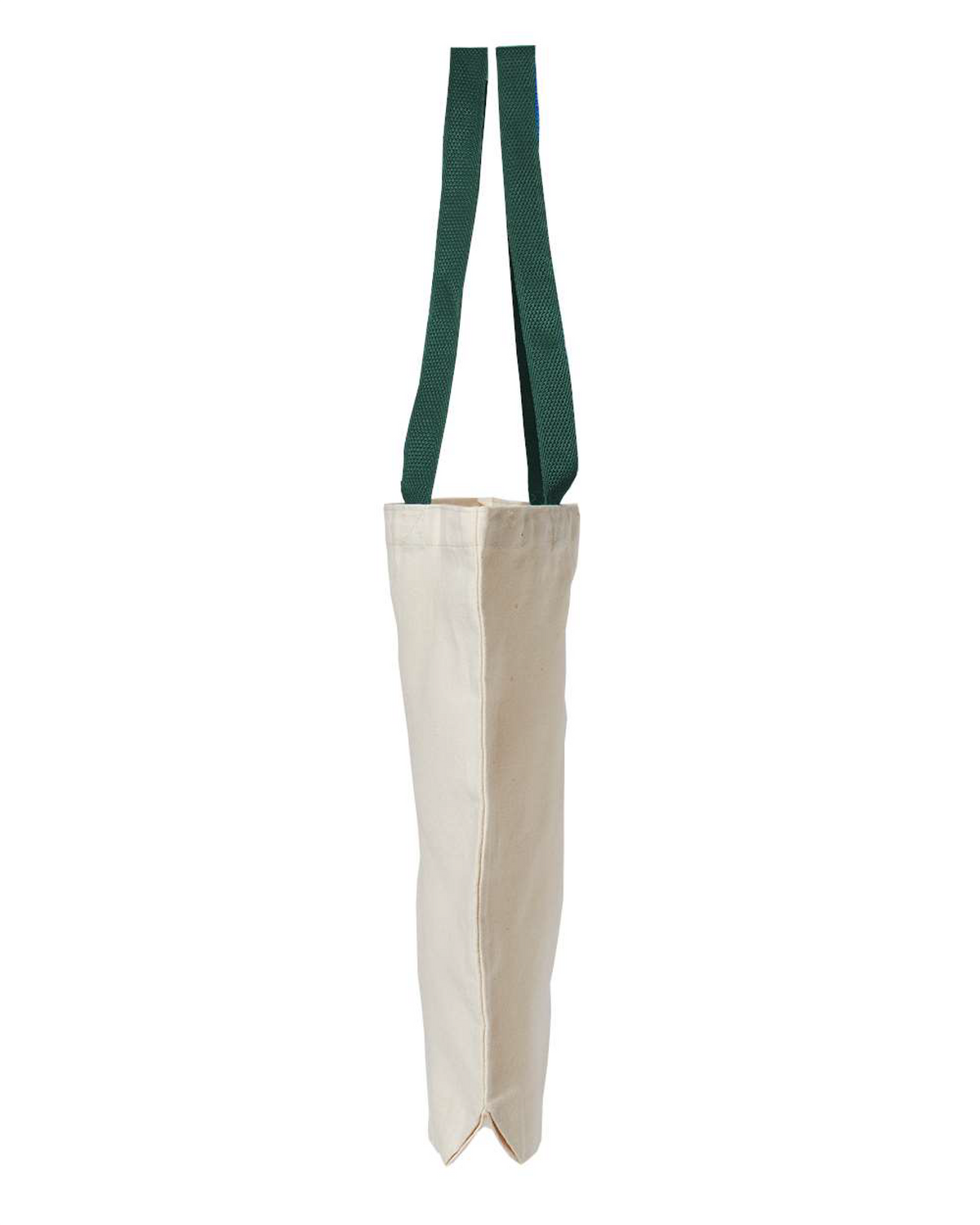 Side view of the natural canvas tote bag with green handles, showing the 3 inch gusset