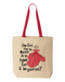 Natural canvas tote bag with red handles, printed with Karl Marx in a red ball gown and the words the first step to Marxism is to have fun & be yourself