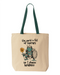 Natural canvas tote bag with green handles, printed with an armored frog holding a shield and a yellow flower and the words the world is full of horrors so I choose kindness