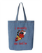 Denim tote bag printed with a raccoon in a cowboy hat and red boots leaning back, with the words i am exactly who i should be