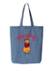 Denim tote bag printed with an orange cat in a cowboy hat and red bandana, under the word meowdy