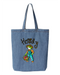 Denim tote bag printed with a frog in a straw hat and overalls holding a basket of produce, under the word howdy