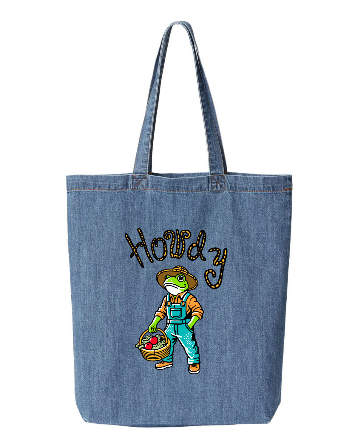 Denim tote bag printed with a frog in a straw hat and overalls holding a basket of produce, under the word howdy