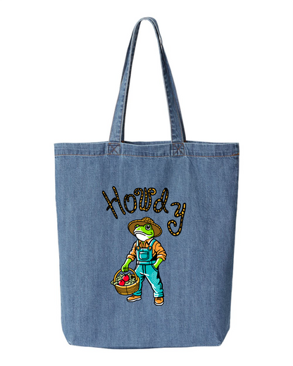 Denim tote bag printed with a frog in a straw hat and overalls holding a basket of produce, under the word howdy