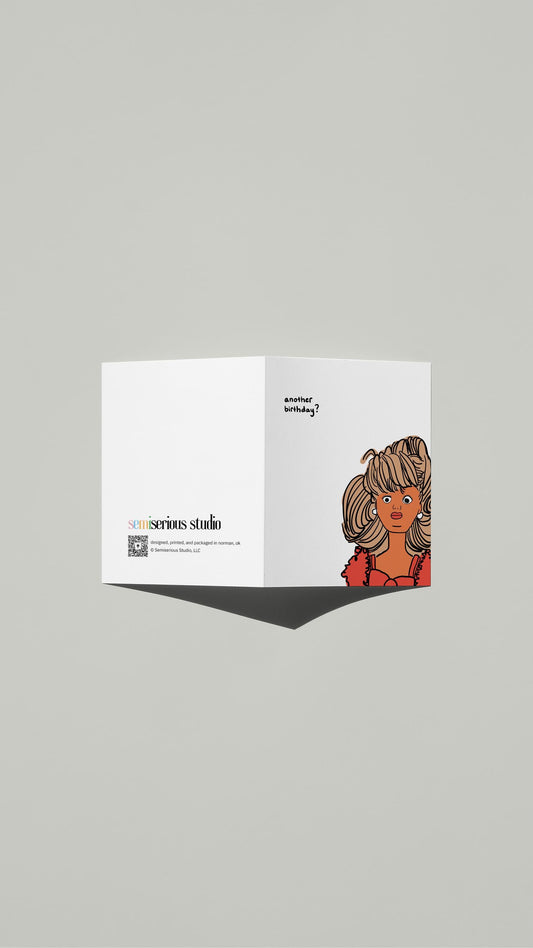 Another Birthday Barbie Meme card standing open, showing the front artwork and the Semiserious Studio logo on the back