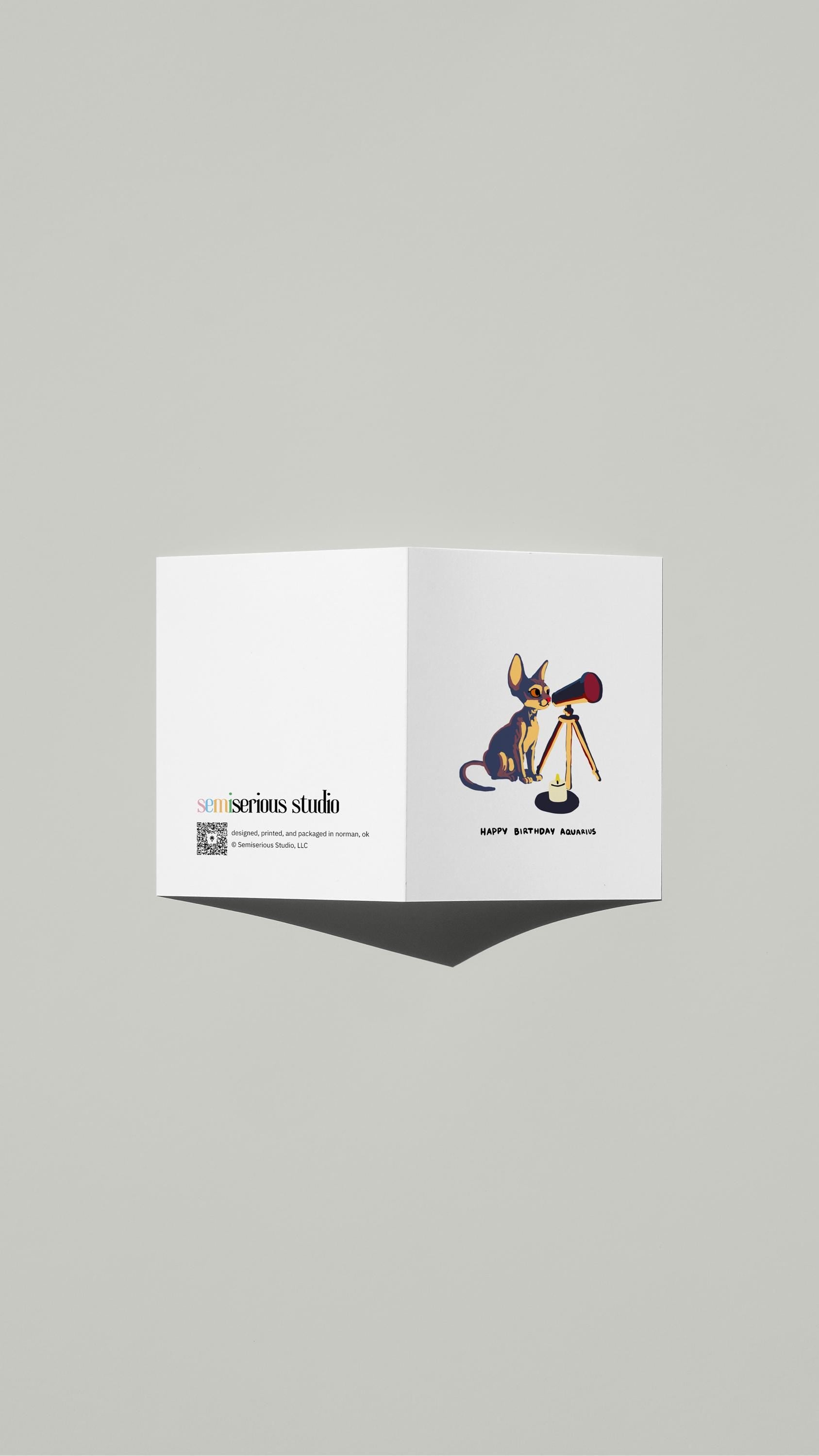 Aquarius Sphynx Cat Birthday card standing open, showing the front artwork and the Semiserious Studio logo on the back