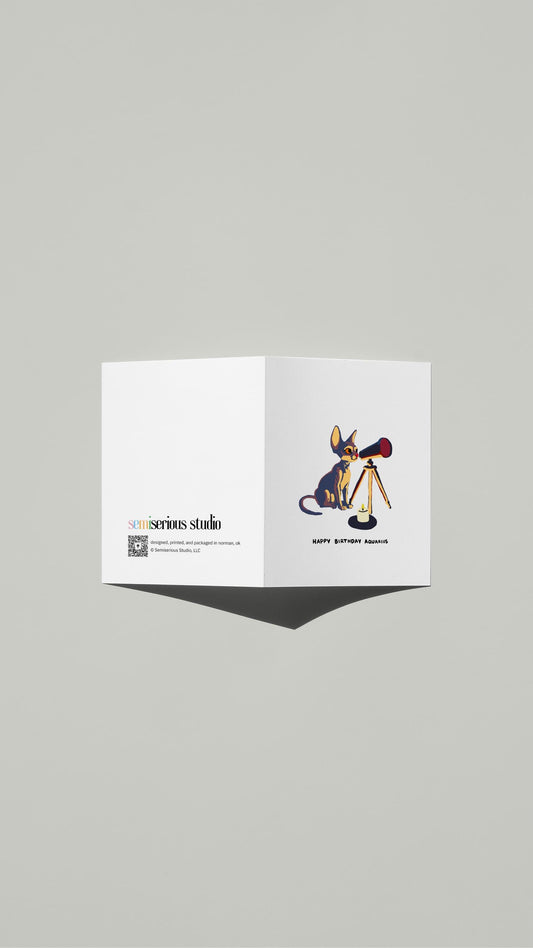 Aquarius Sphynx Cat Birthday card standing open, showing the front artwork and the Semiserious Studio logo on the back