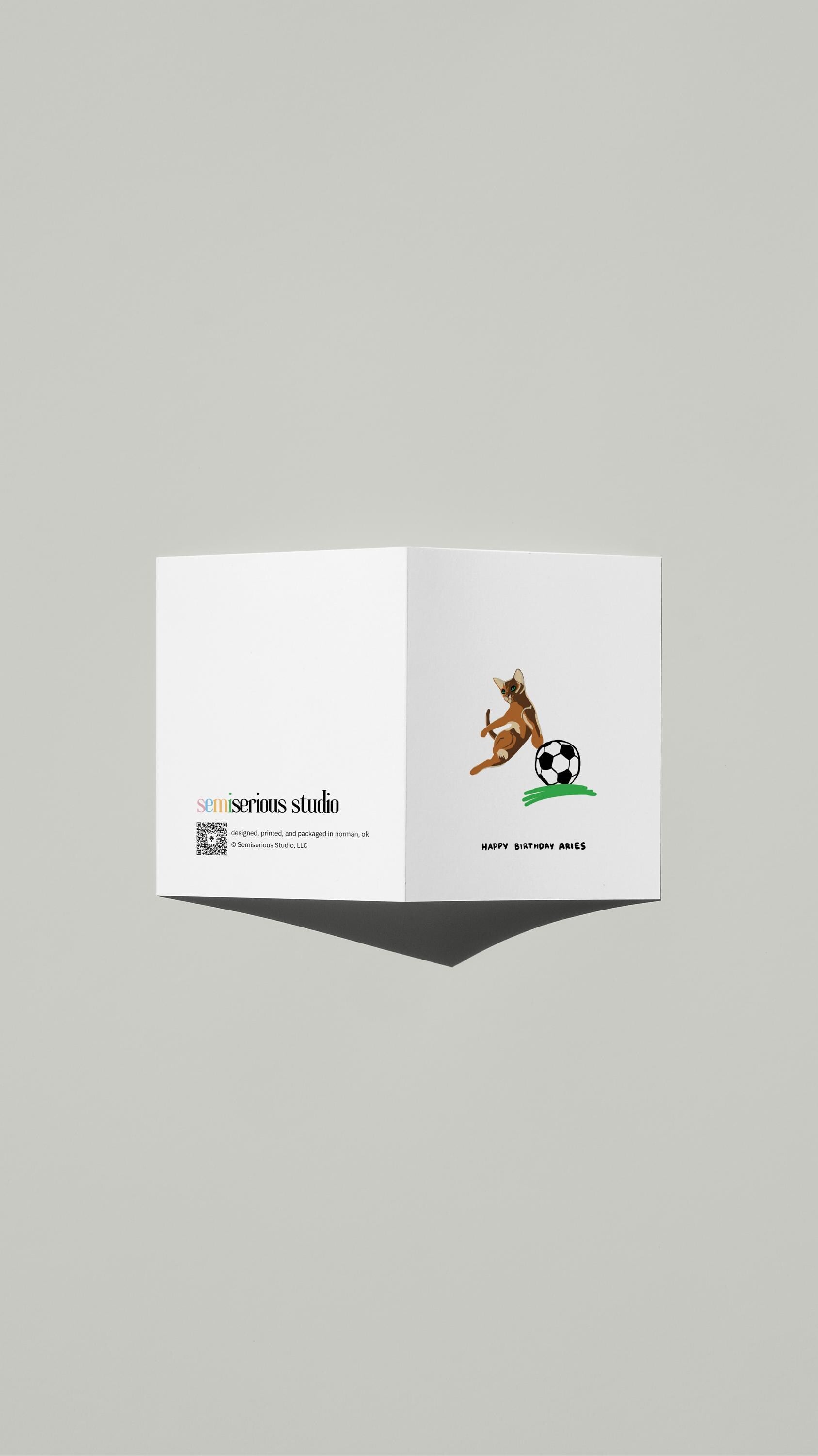 Aries Cat Birthday card standing open, showing the front artwork and the Semiserious Studio logo on the back