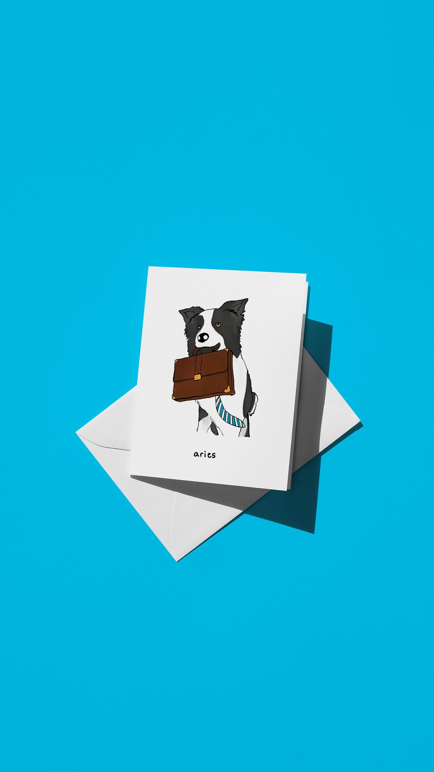 Hand-drawn illustration of a dog wearing a tie and holding a briefcase with the message "aries"