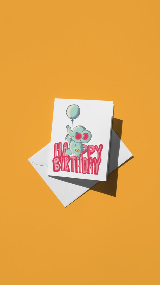 Hand-drawn illustration of a baby elephant holding a balloon with the message "HAPPY BIRTHDAY"
