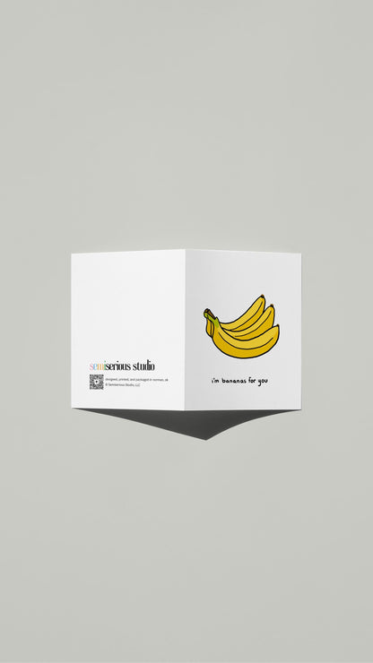 Bananas for You Valentine card standing open, showing the front artwork and the Semiserious Studio logo on the back