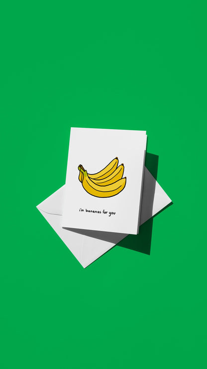 Hand-drawn illustration of a bunch of bananas with the message "i'm bananas for you"