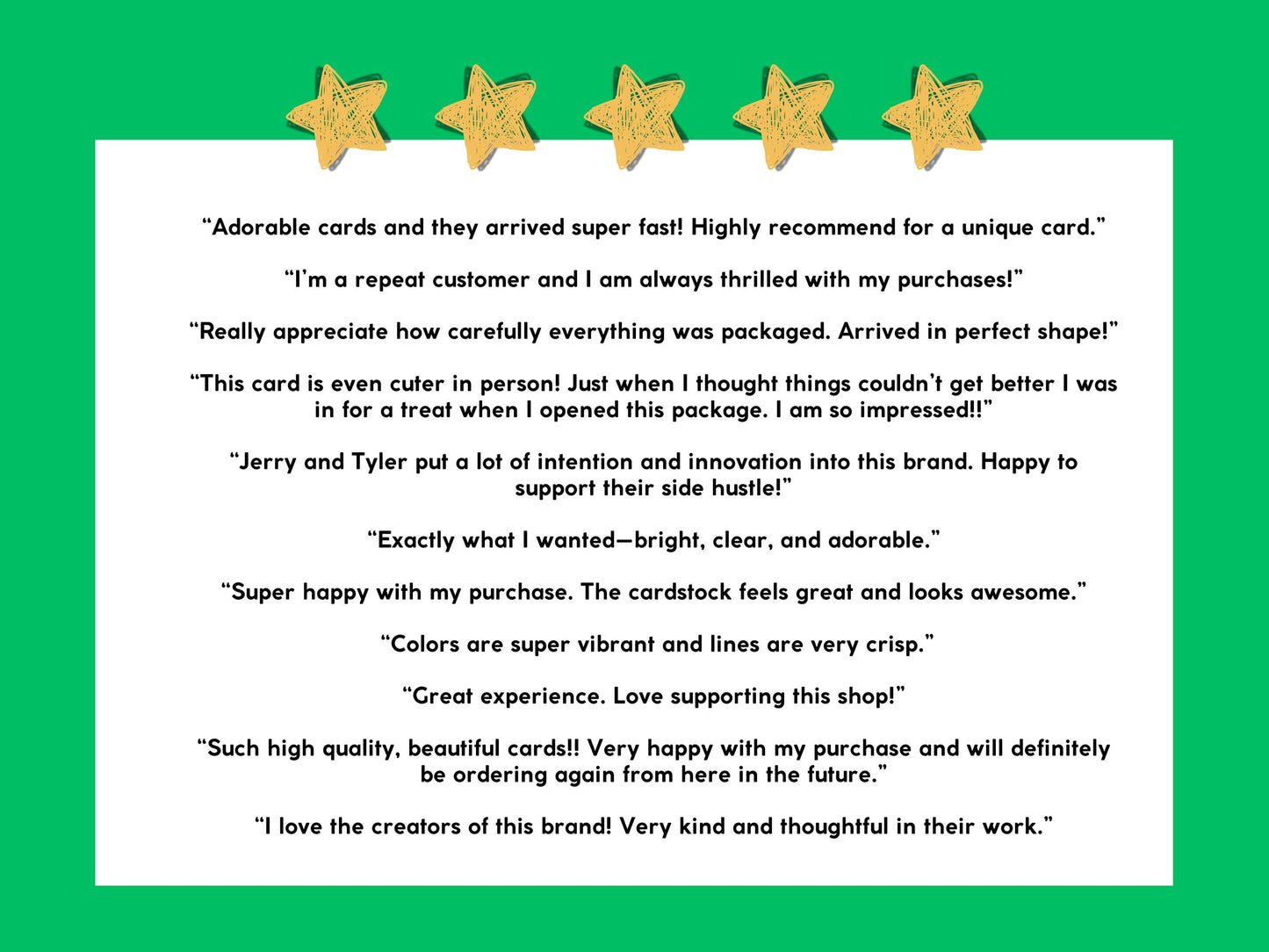 Five-star customer reviews for Semiserious Studio greeting cards