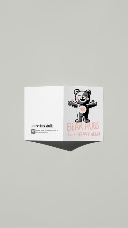 Bear Hugs Get Well card standing open, showing the front artwork and the Semiserious Studio logo on the back