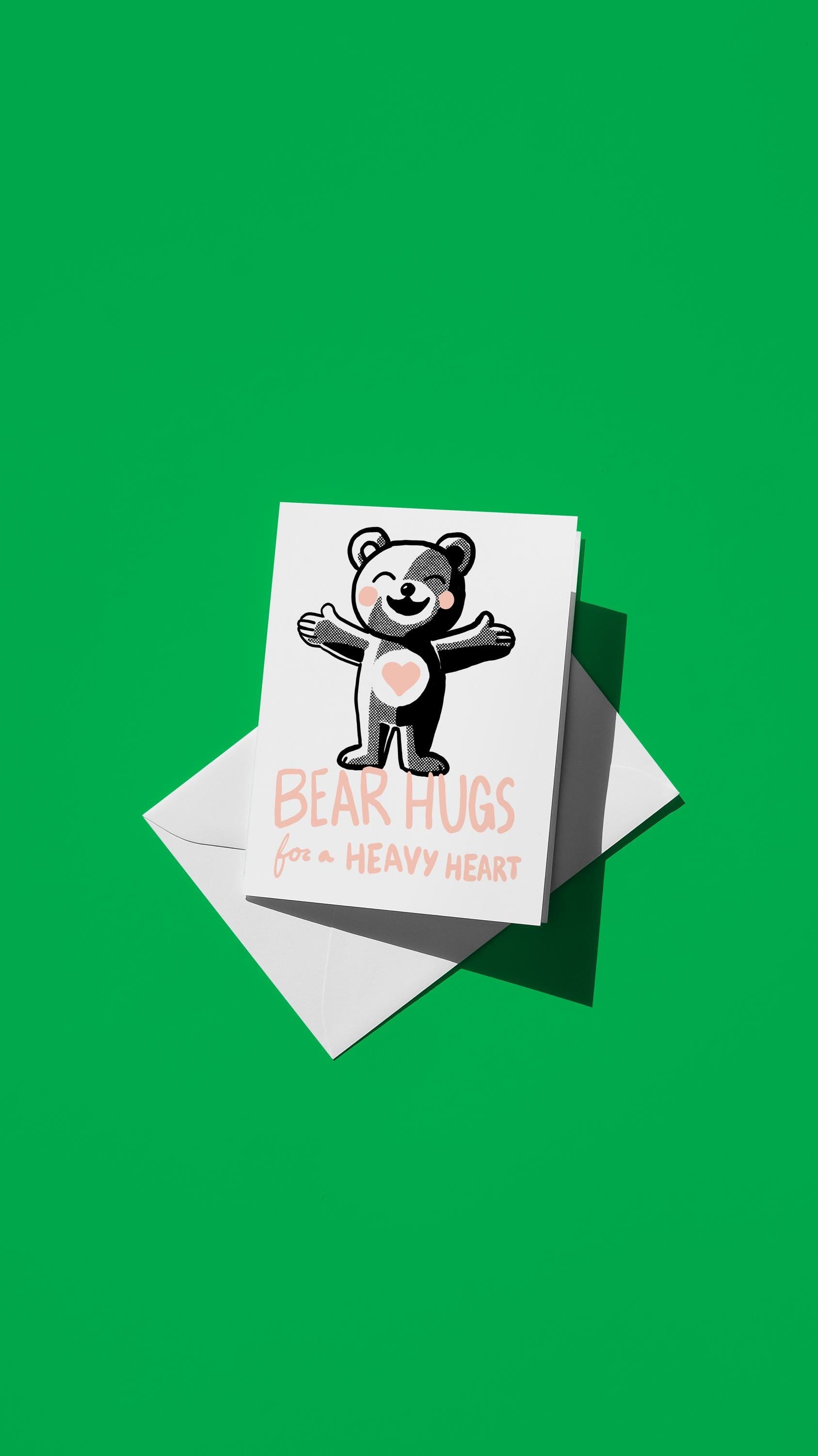 Hand-drawn illustration of a teddy bear with the message "BEAR HUGS FOR A HEAVY HEART"